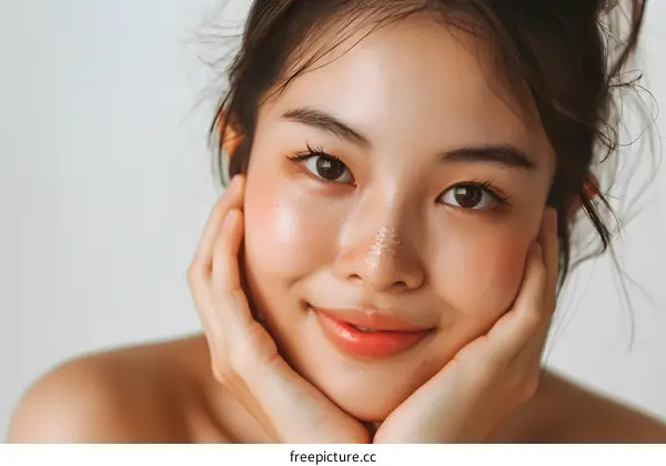 Portrait of a Young Asian Woman with Skincare Product on her Nose