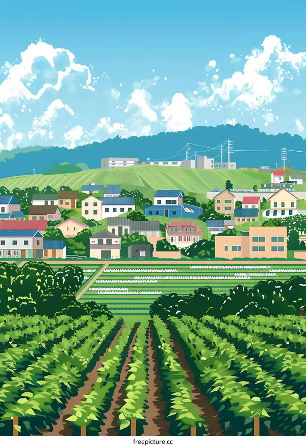Green Vineyard and Houses in a Small Town Under Blue Sky with White Clouds