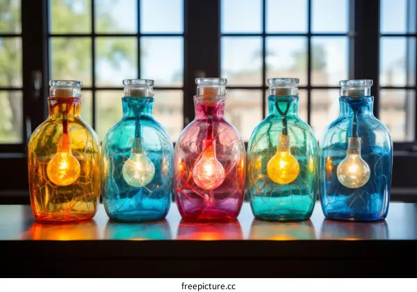 Five colorful glass bottles with light bulbs inside placed on a table in front of a window