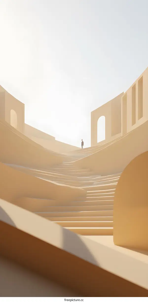 Minimalist Architecture Design with a Single Person in a Beige Landscape