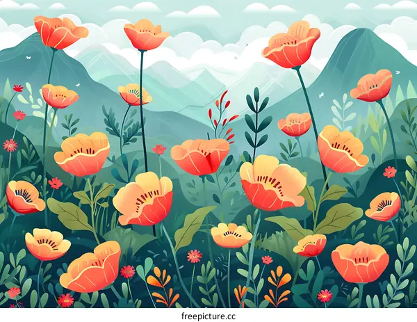 Colorful Floral Illustration with Mountain Background