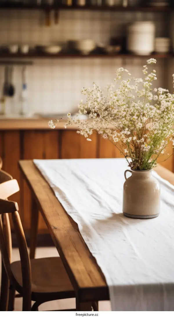 A beautiful bouquet of flowers in a vase on a wooden table