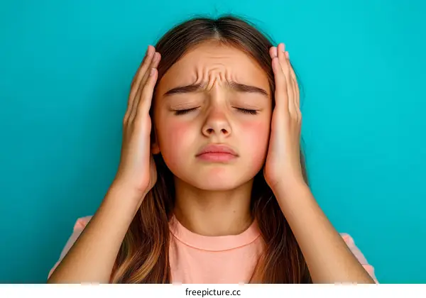 Upset Girl with Headache on Turquoise Background