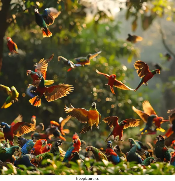 A flock of colorful parrots flying in the jungle