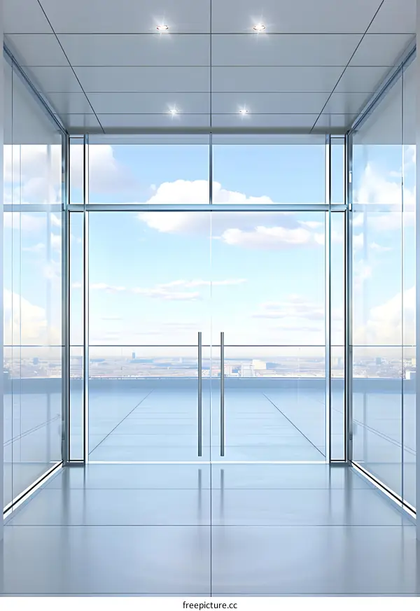 Modern Glass Doors  Open to City Skyline View