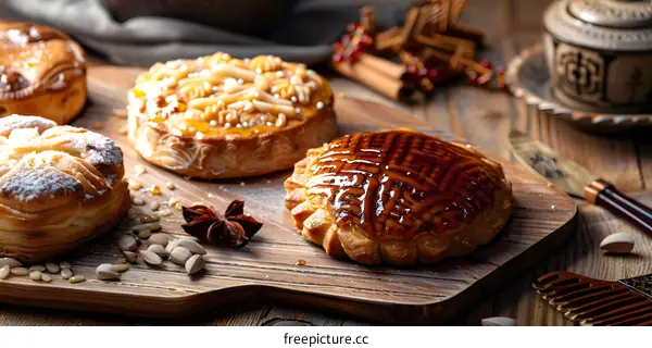 Closeup of Delicious Pastry with Caramel Glaze on Wooden Board