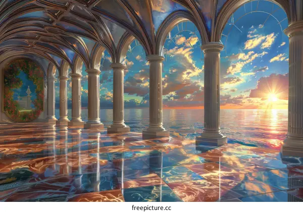 Fantasy Castle Interior with Marble Floor and Colorful Sunset