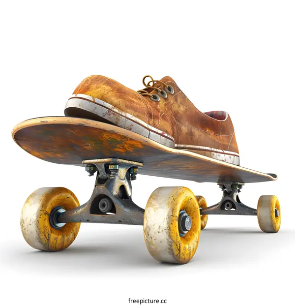 worn-out brown leather lace-up shoe on a skateboard