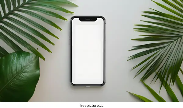 White Background Mockup With Smartphone and Green Leaves