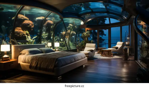 Futuristic Bedroom with a Giant Aquarium