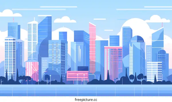 Modern Cityscape with Blue and Pink Skyscrapers