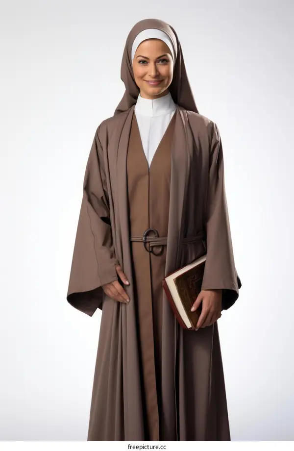 A smiling nun wearing a brown habit and white veil holds a book in her hands