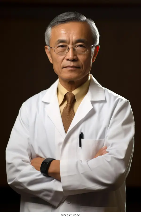 Portrait of a senior Asian male doctor in a white lab coat