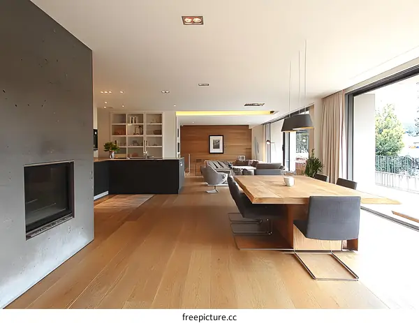 Modern Minimalist Interior Design with Fireplace and Wooden Table
