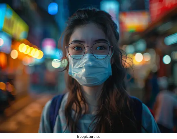 Portrait of a young woman wearing a mask in the city at night