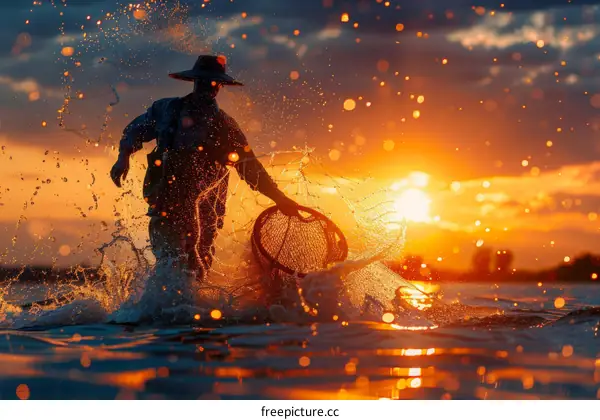 Fisherman silhouette at sunset with net