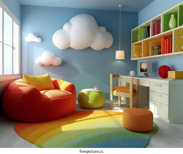 Colorful Kids Room Interior Design with Fluffy Clouds