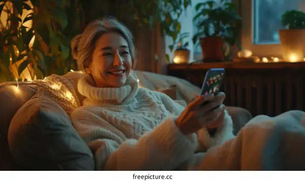 Asian elderly woman smiling while using smartphone at home