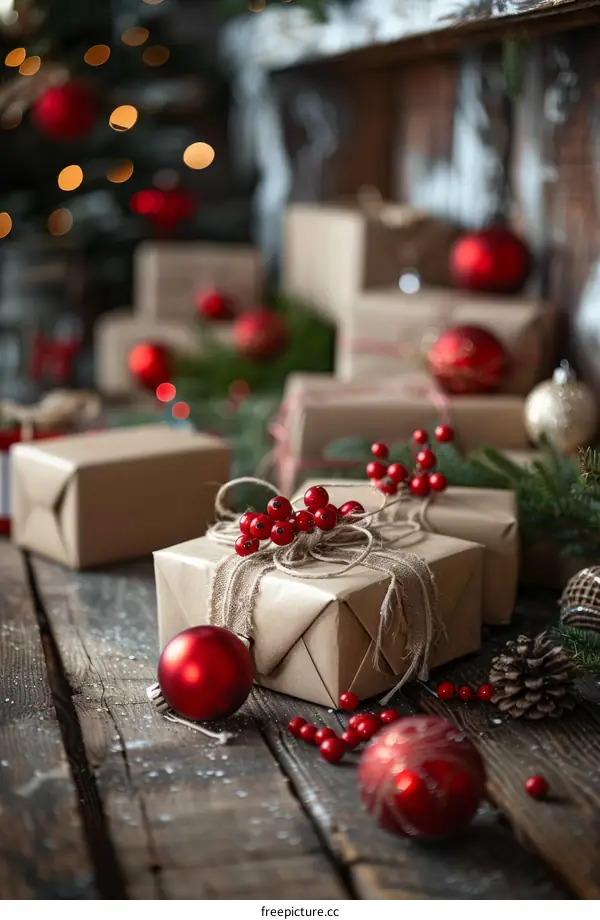 Rustic Christmas Gift Display with Red Ornaments