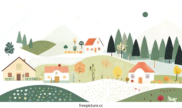Illustrated Landscape With Houses and Trees
