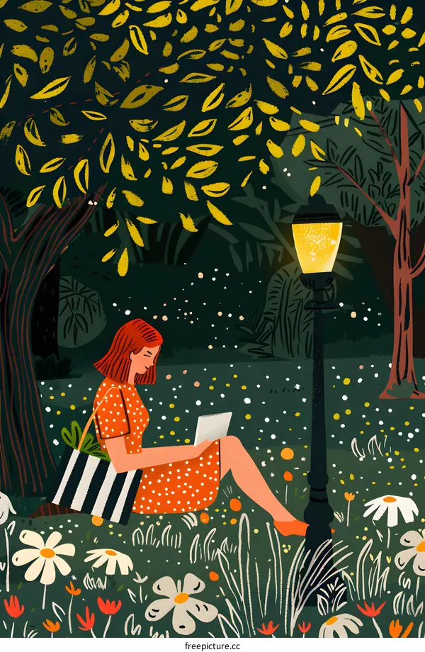 Woman Sitting in a Park with a Book and a Street Lamp