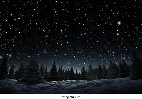 Nighttime winter scene of snow covered pine trees against a starry night sky
