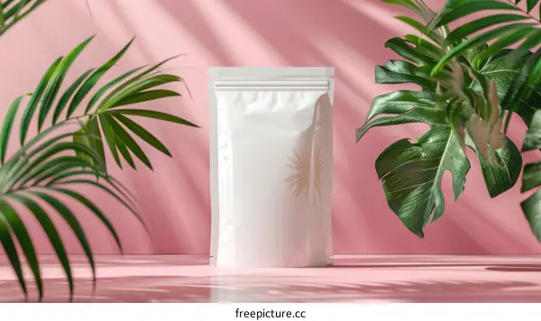 White Plastic Bag with Green Leaves on Pink Background