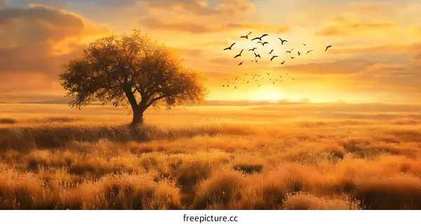 Golden Sunset Field with a Lone Tree