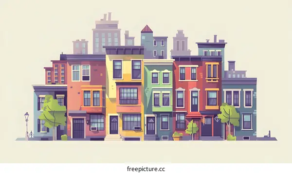Colorful Row Of Houses In A Cityscape Illustration