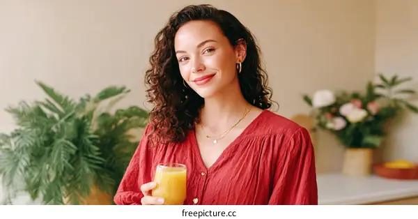 Woman Holding Orange Juice in a Cozy Kitchen Setting