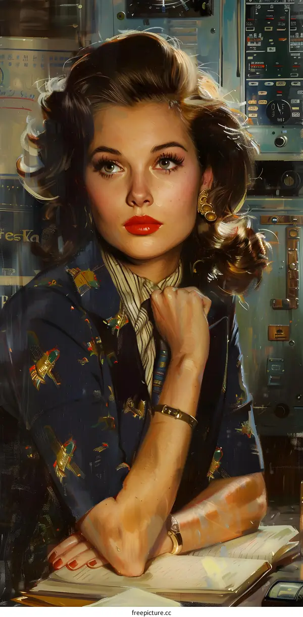 Portrait of a beautiful young woman in a blue dress with a red scarf around her neck