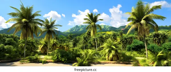 Tropical Island Paradise Lush Palm Trees And Green Mountains