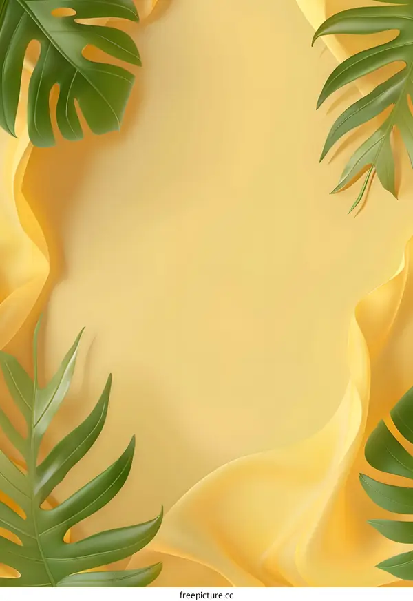 Yellow Background with Green Tropical Leaves