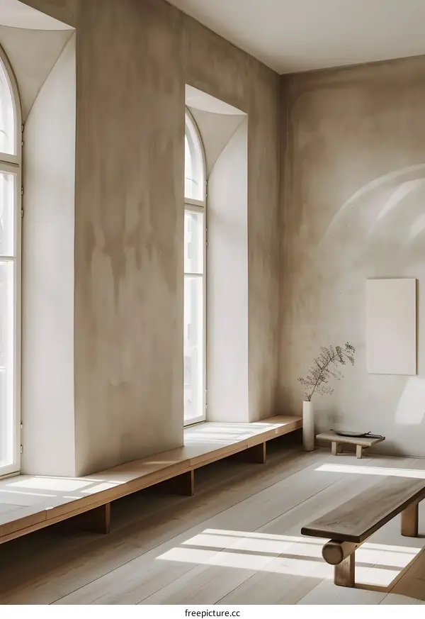 Minimalist Interior Design with Wooden Bench and Sunlight