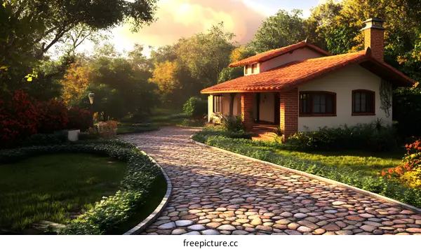 Stone Pathway Leading to a Cottage in the Woods