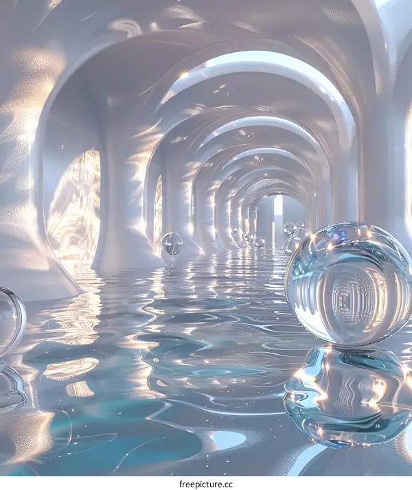 Futuristic Sci-Fi Corridor With Glass Spheres and Water