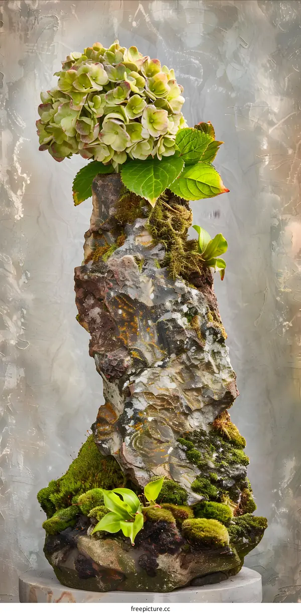 Stone Bonsai With Green Moss and Flowers