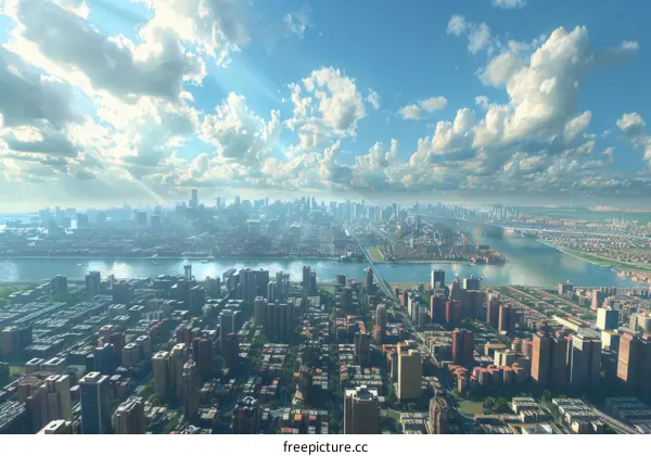 Aerial View of a Modern Cityscape with a River