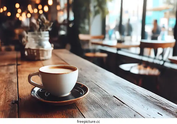 Cozy Cafe Coffee Cup on Wooden Table with Blurred People