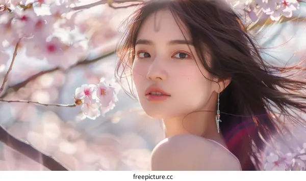 Portrait of a young Asian woman standing in a field of cherry blossoms
