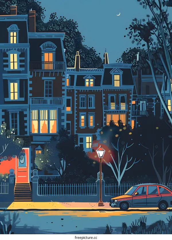 Nighttime Cityscape with a Car and Streetlight