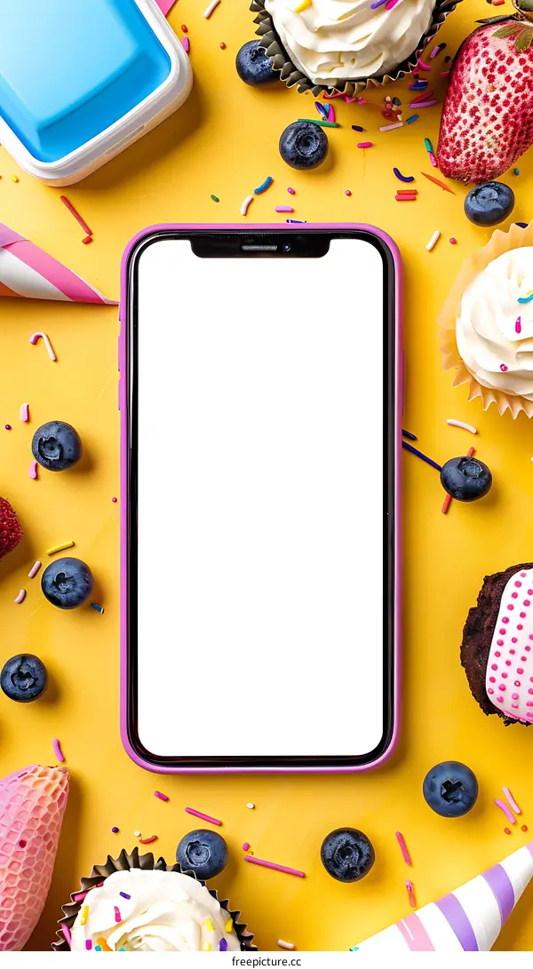 Birthday Party Flatlay With Smartphone And Cupcakes