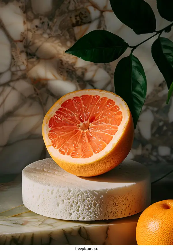 Half Grapefruit Sliced On A White Stone