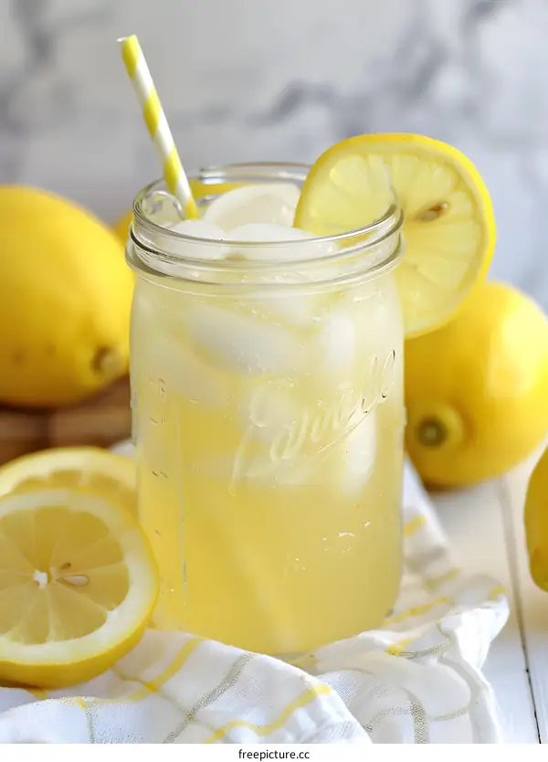 Homemade Lemonade in a Glass Jar with Ice