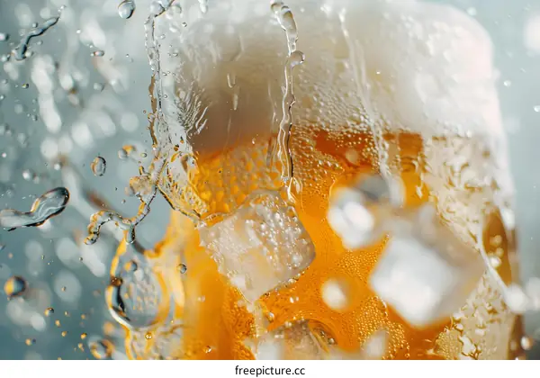 Close Up Beer Splash With Ice Cubes