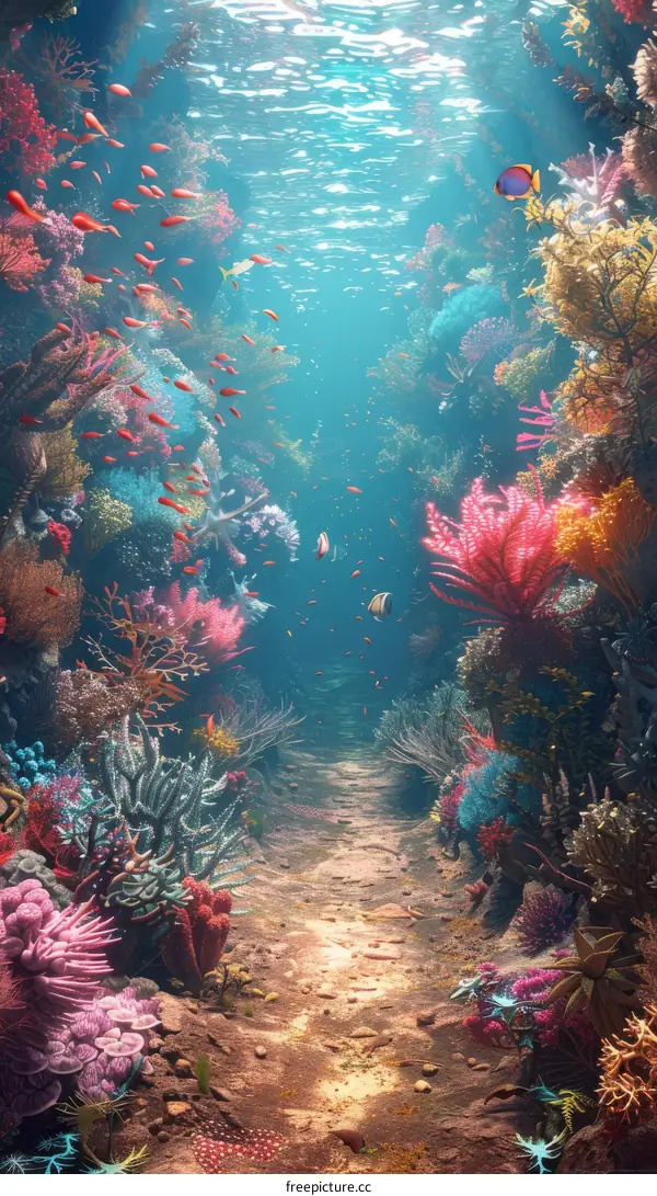 Vibrant Coral Reef Ecosystem with Fish and Sandy Path