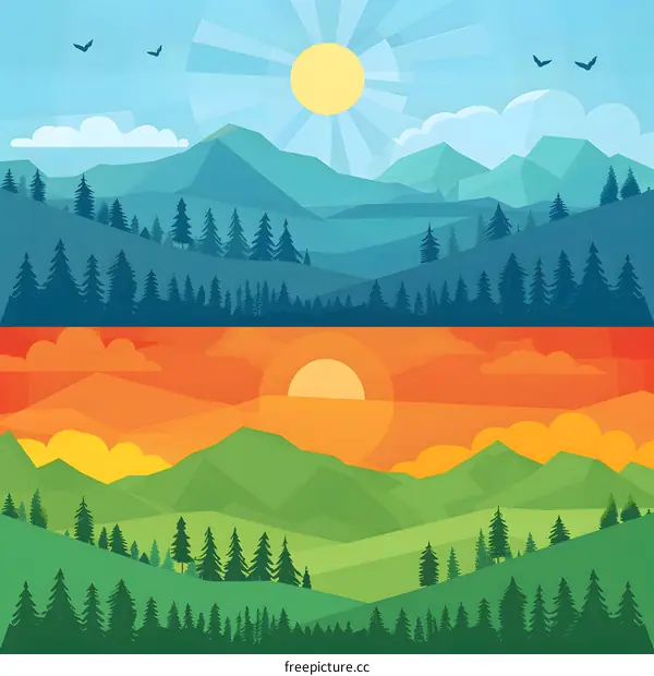 Mountain Landscape Sunrise Sunset Illustration