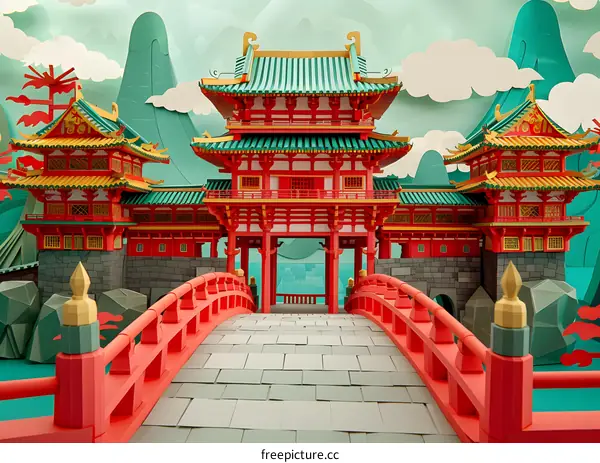 Japanese Style Paper Craft Architecture Building Red Bridge