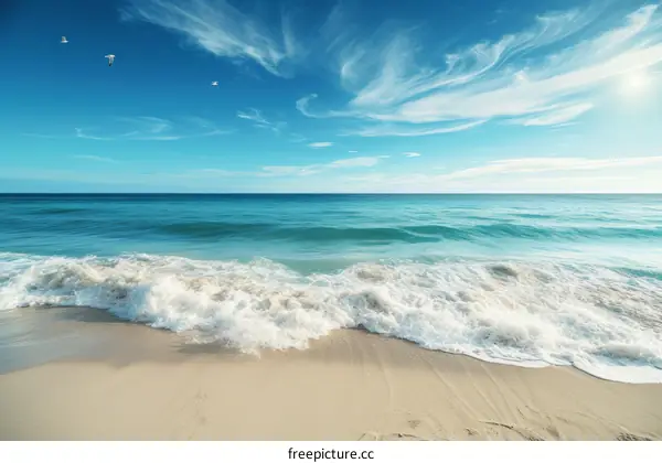 The vast sea is boundless, and the blue sky is high