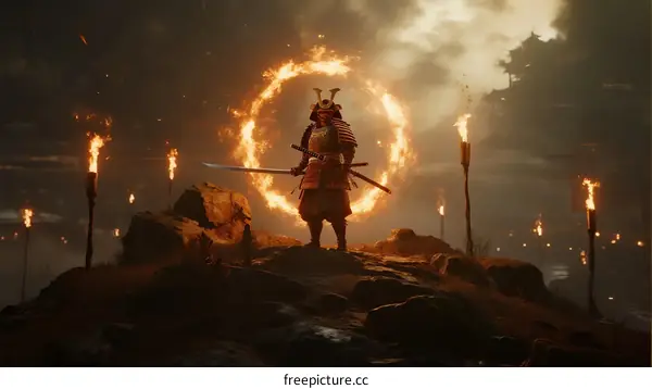 Samurai standing on rocky terrain with glowing circular fire